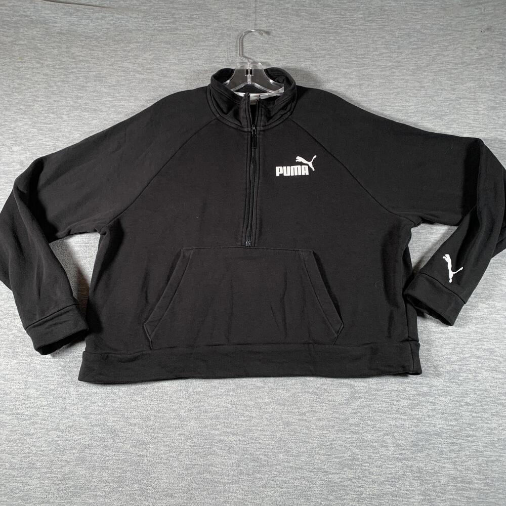 Puma Sweatshirt Mens XL Black 1/4 Zip Fleece Pullover Kangaroo Pocket Logo